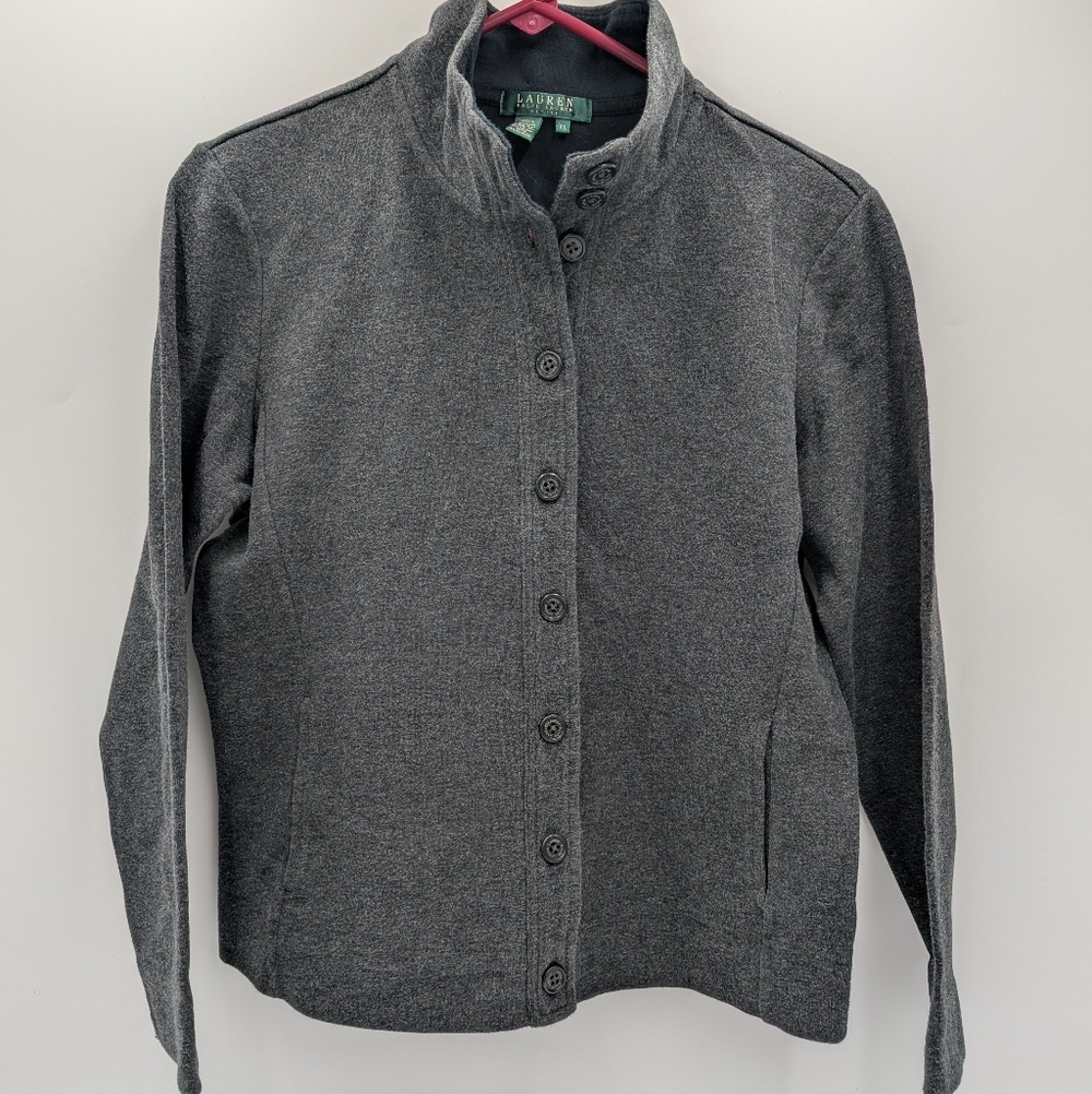 LRL Minimalist Button-Up Cardigan Jacket Women's Petite Large Preppy Grey Soft